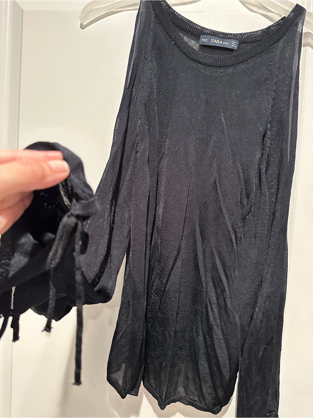 Zara Black Sheer Long-Sleeve Tie-Detail Top